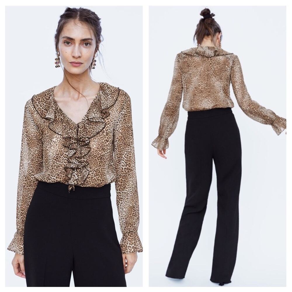 Zara Leopard Bodysuit Small Animal Print Semi Sheer Long Sleeve Ruffle Career